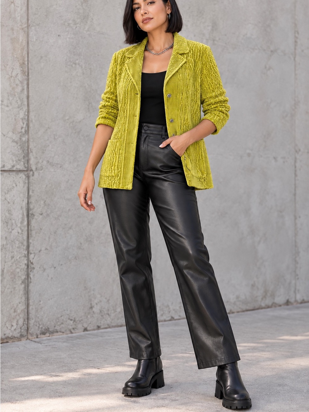 Chico's Black Faux Leather Straight-Leg Pants with Lime Jacket Accent